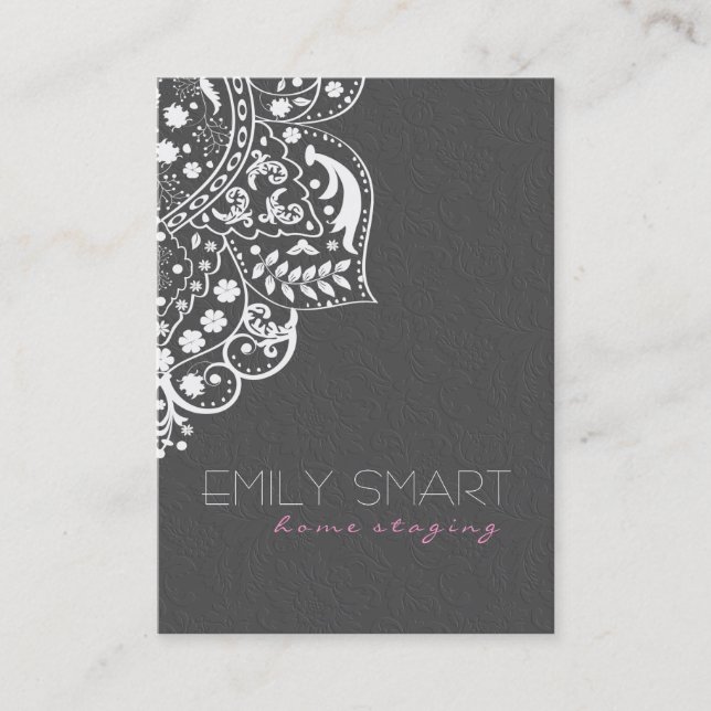 Elegant Gray Damasks White Lace Reversible Business Card (Front)