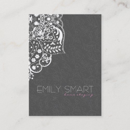 Elegant Gray Damasks White Vintage Lace Business Card Template