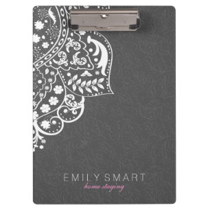 Elegant Gray Damasks With White Floral Lace Clipboard