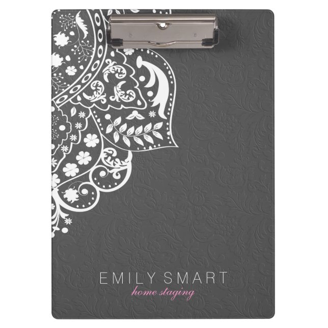 Elegant Gray Damasks With White Floral Lace Clipboard (Front)