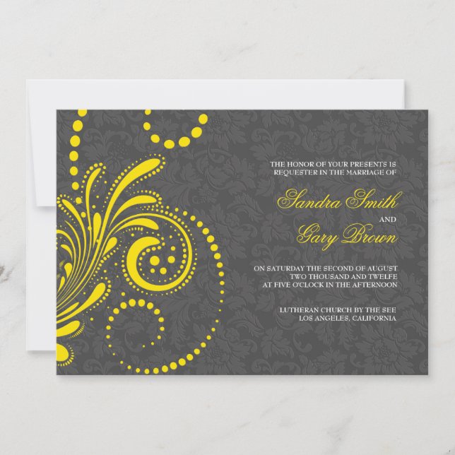 Elegant Gray Damasks Yellow Lace Wedding  Invitation (Front)