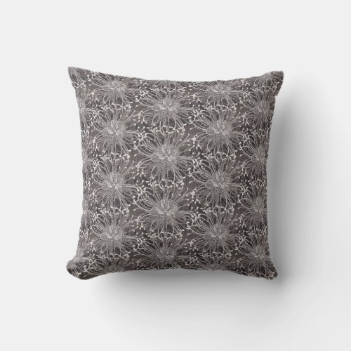 Elegant Gray Dandelion Flower Pattern Throw Pillow