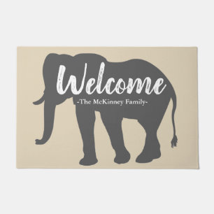 Elegant Gray Elephant Silhouette & Family Name Doormat