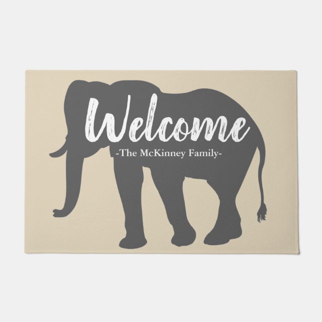 Elegant Gray Elephant Silhouette & Family Name Doormat (Front)