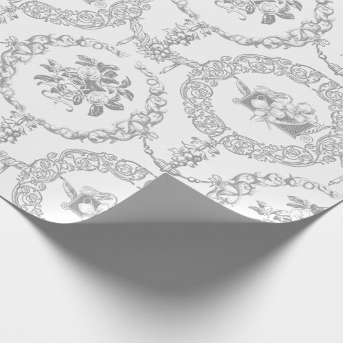 Elegant Gray Engraved Floral Medallions and Swags Wrapping Paper