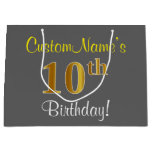 [ Thumbnail: Elegant, Gray, Faux Gold 10th Birthday + Name Gift Bag ]