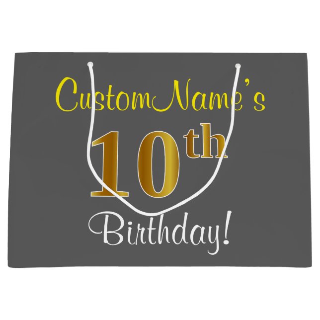 Elegant, Gray, Faux Gold 10th Birthday + Name Large Gift Bag (Front)