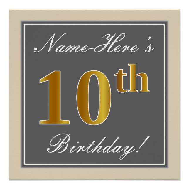 Elegant, Gray, Faux Gold 10th Birthday + Name Poster (Front)