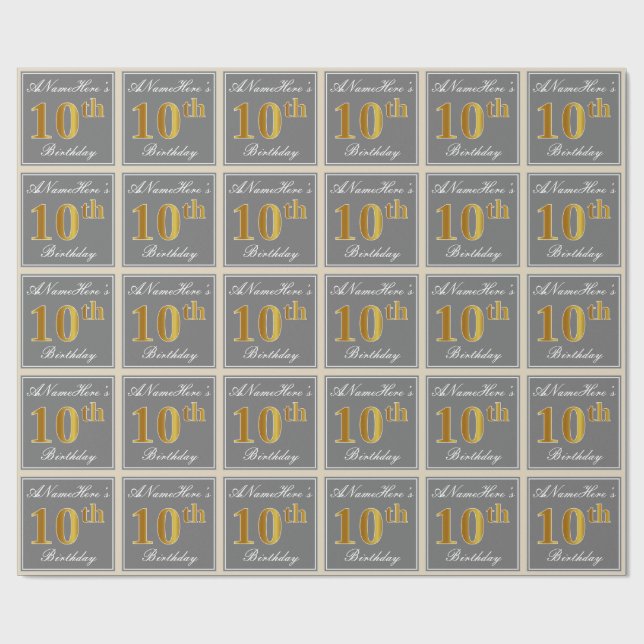 Elegant, Gray, Faux Gold 10th Birthday + Name Wrapping Paper (Flat)