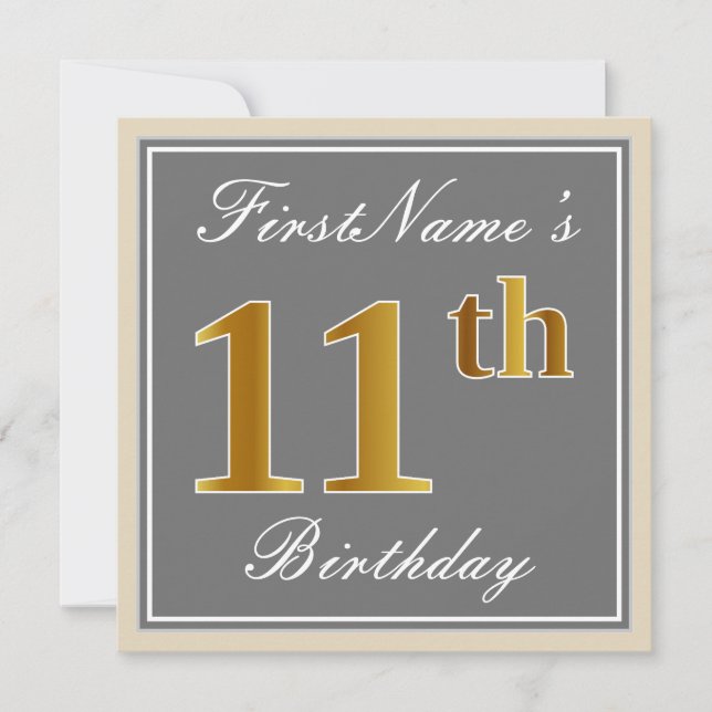 Elegant, Gray, Faux Gold 11th Birthday + Name Invitation (Front)