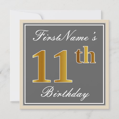 Elegant Gray Faux Gold 11th Birthday  Name Invitation