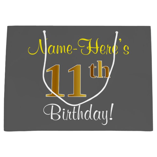 Elegant, Gray, Faux Gold 11th Birthday + Name Large Gift Bag (Front)