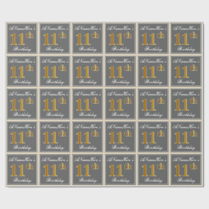 Elegant, Gray, Faux Gold 11th Birthday + Name Wrapping Paper
