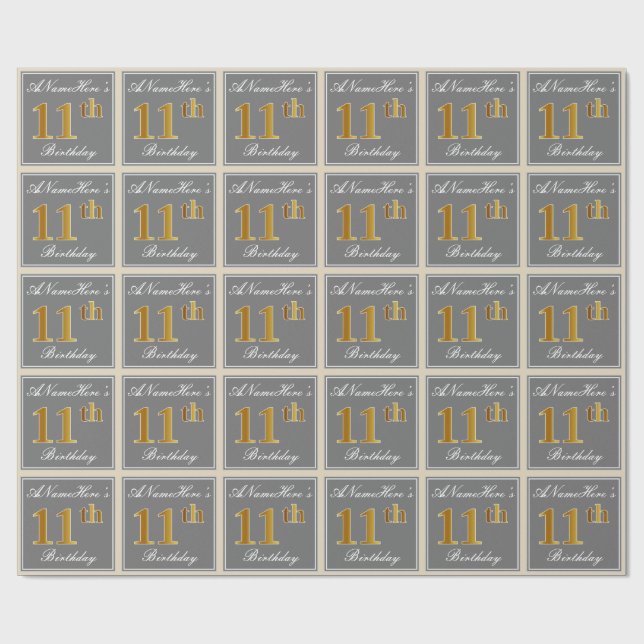 Elegant, Gray, Faux Gold 11th Birthday + Name Wrapping Paper (Flat)