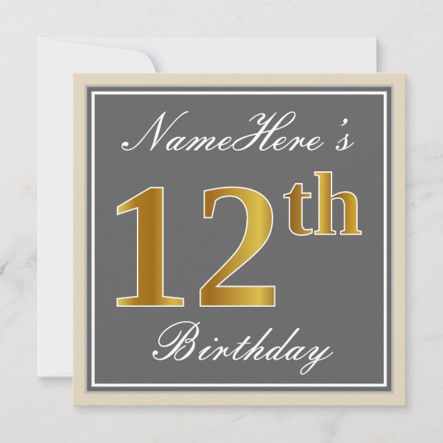 Elegant, Gray, Faux Gold 12th Birthday + Name Invitation (Front)