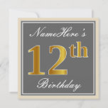 [ Thumbnail: Elegant, Gray, Faux Gold 12th Birthday + Name Invitation ]