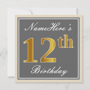 Elegant, Gray, Faux Gold 12th Birthday + Name Invitation