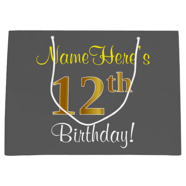 Elegant, Gray, Faux Gold 12th Birthday + Name Large Gift Bag (Front)