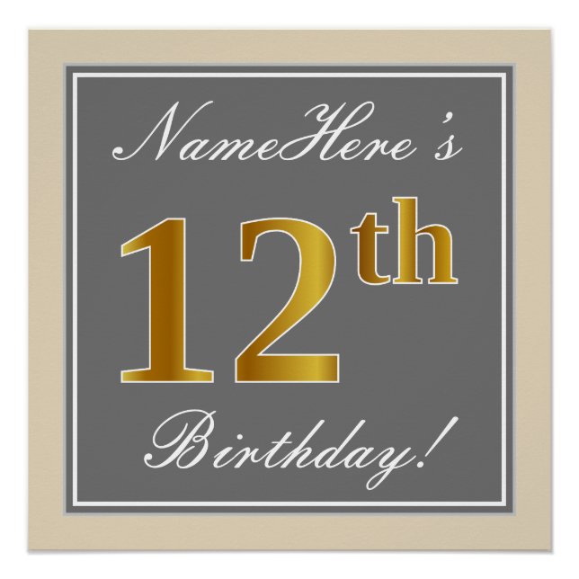 Elegant, Gray, Faux Gold 12th Birthday + Name Poster (Front)
