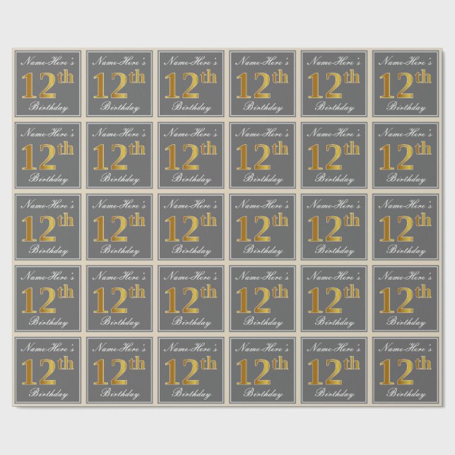 Elegant, Gray, Faux Gold 12th Birthday + Name Wrapping Paper (Flat)