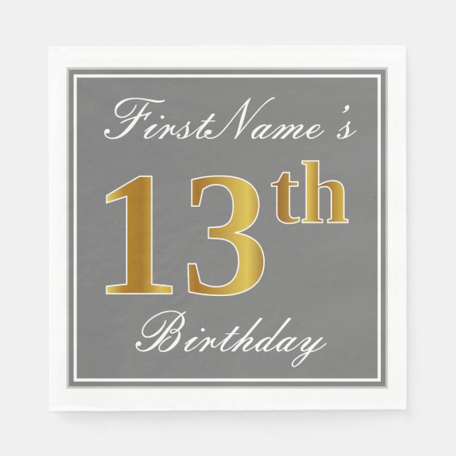 Elegant Gray, Faux Gold 13th Birthday; Custom Name Napkins (Front)