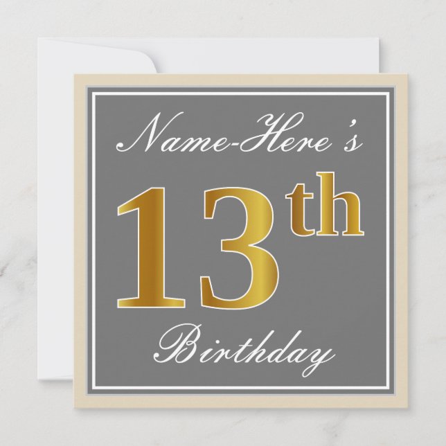 Elegant, Gray, Faux Gold 13th Birthday + Name Invitation (Front)