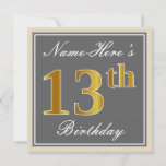 [ Thumbnail: Elegant, Gray, Faux Gold 13th Birthday + Name Invitation ]