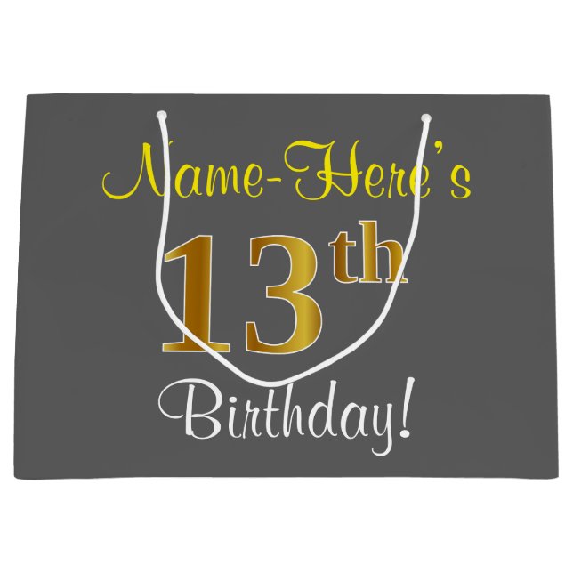 Elegant, Gray, Faux Gold 13th Birthday + Name Large Gift Bag (Front)