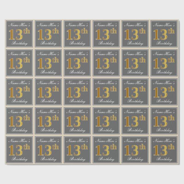 Elegant, Gray, Faux Gold 13th Birthday + Name Wrapping Paper (Flat)
