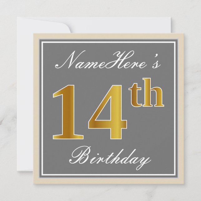 Elegant, Gray, Faux Gold 14th Birthday + Name Invitation (Front)