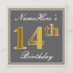 [ Thumbnail: Elegant, Gray, Faux Gold 14th Birthday + Name Invitation ]