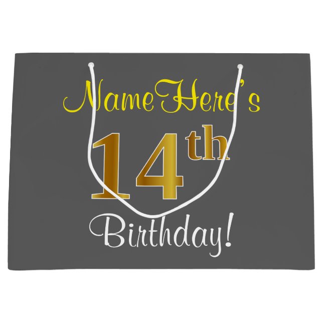 Elegant, Gray, Faux Gold 14th Birthday + Name Large Gift Bag (Front)
