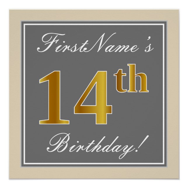 Elegant, Gray, Faux Gold 14th Birthday + Name Poster (Front)