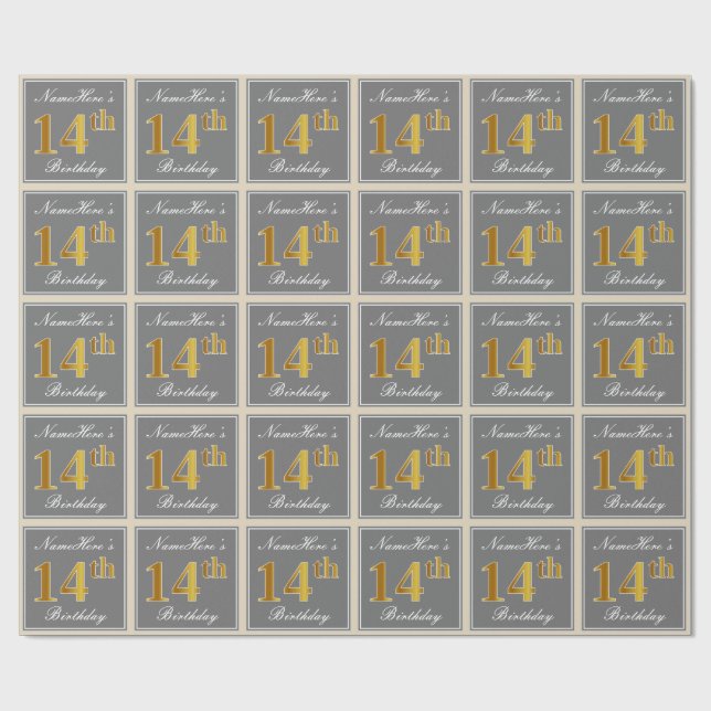 Elegant, Gray, Faux Gold 14th Birthday + Name Wrapping Paper (Flat)