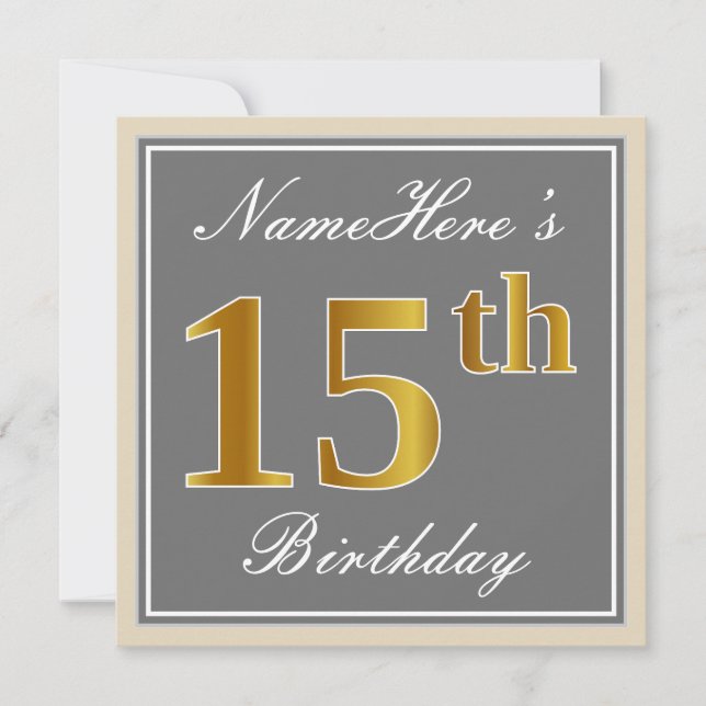 Elegant, Gray, Faux Gold 15th Birthday + Name Invitation (Front)