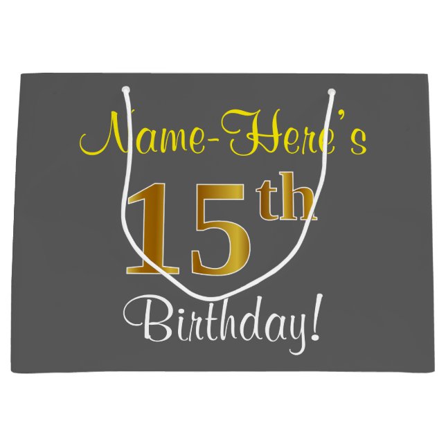 Elegant, Gray, Faux Gold 15th Birthday + Name Large Gift Bag (Front)