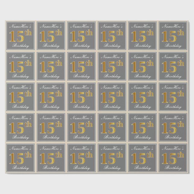 Elegant, Gray, Faux Gold 15th Birthday + Name Wrapping Paper (Flat)