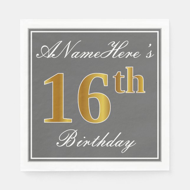 Elegant Gray, Faux Gold 16th Birthday; Custom Name Paper Napkins (Front)
