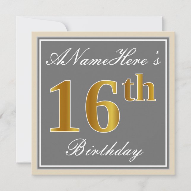 Elegant, Gray, Faux Gold 16th Birthday + Name Invitation (Front)