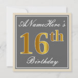 [ Thumbnail: Elegant, Gray, Faux Gold 16th Birthday + Name Invitation ]