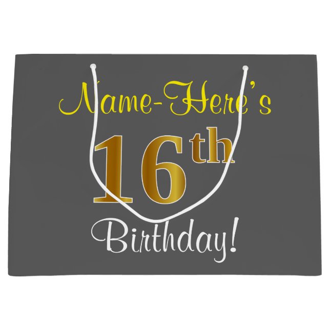Elegant, Gray, Faux Gold 16th Birthday + Name Large Gift Bag (Front)