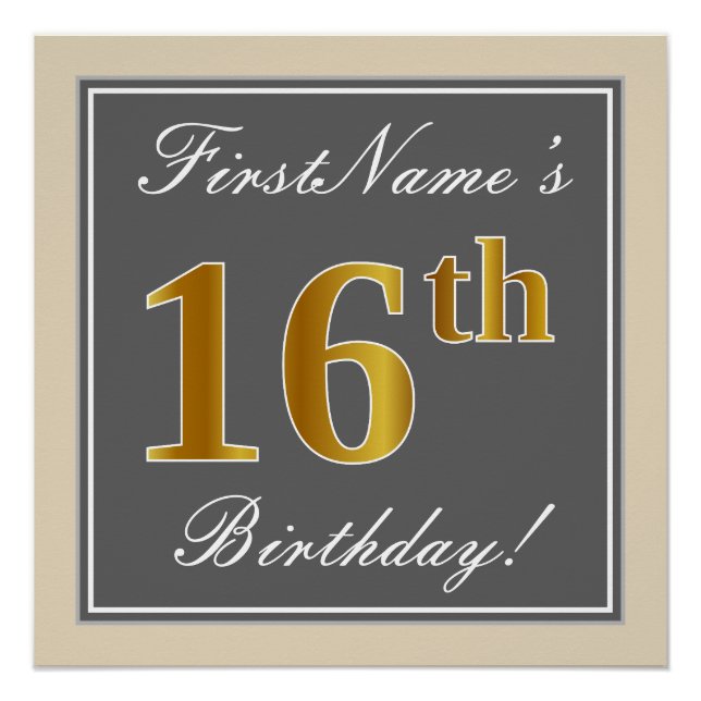 Elegant, Gray, Faux Gold 16th Birthday + Name Poster (Front)
