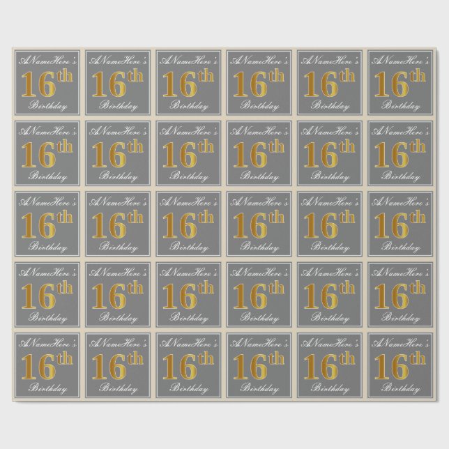 Elegant, Gray, Faux Gold 16th Birthday + Name Wrapping Paper (Flat)