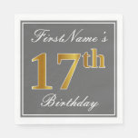 [ Thumbnail: Elegant Gray, Faux Gold 17th Birthday; Custom Name Paper Napkin ]