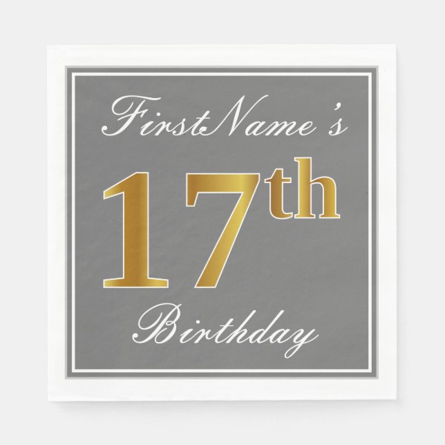 Elegant Gray, Faux Gold 17th Birthday; Custom Name Paper Napkins (Front)