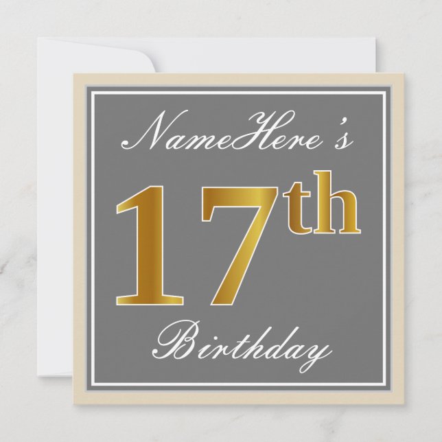 Elegant, Gray, Faux Gold 17th Birthday + Name Invitation (Front)