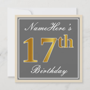 Elegant, Gray, Faux Gold 17th Birthday + Name Invitation