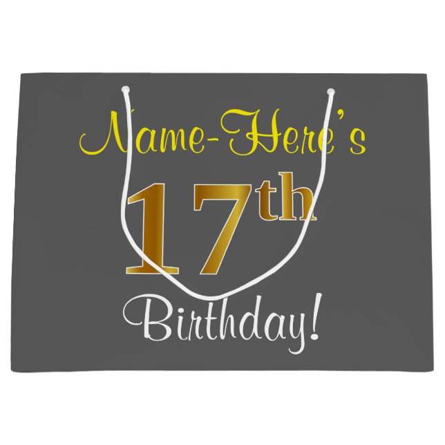 Elegant, Gray, Faux Gold 17th Birthday + Name Large Gift Bag (Front)