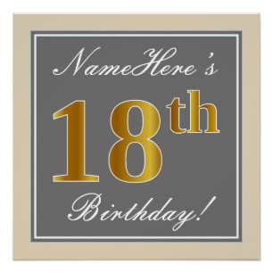 Elegant, Gray, Faux Gold 18th Birthday + Name Poster