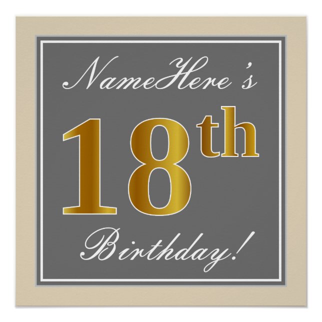 Elegant, Gray, Faux Gold 18th Birthday + Name Poster (Front)